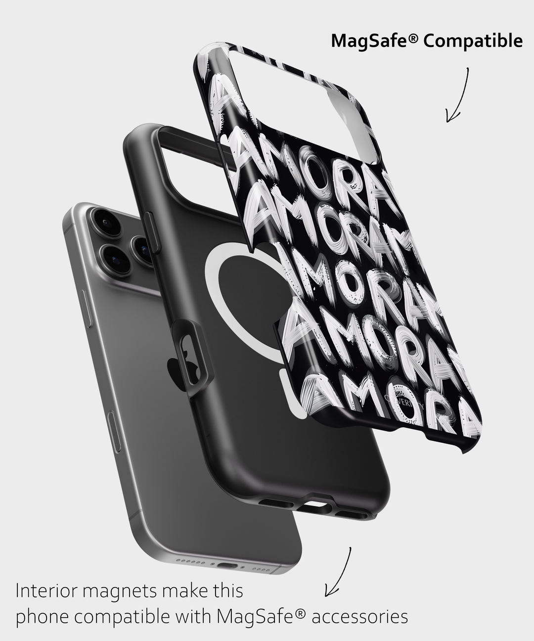 Modern artistic phone case with expressive AMOR typography in monochrome style