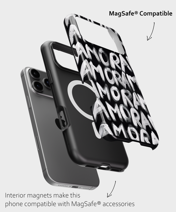 Modern artistic phone case with expressive AMOR typography in monochrome style