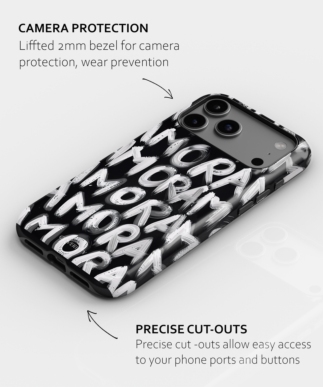 Premium artistic phone case featuring hand-painted AMOR typography on black background
