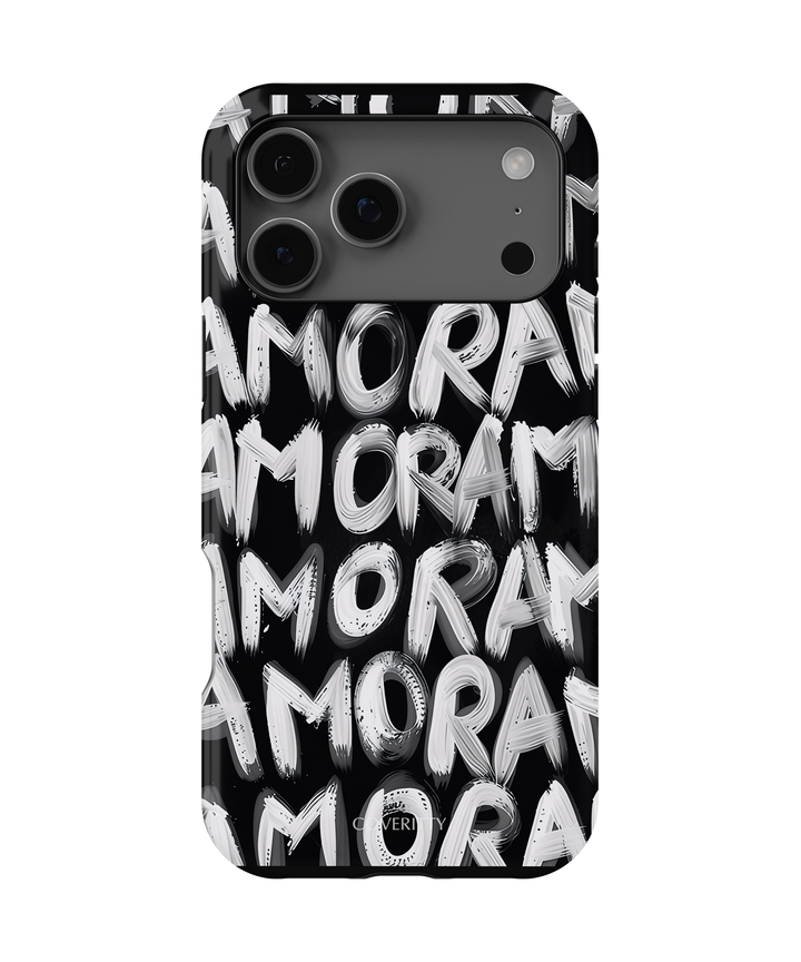 Luxury black phone case with bold white AMOR brushstroke design