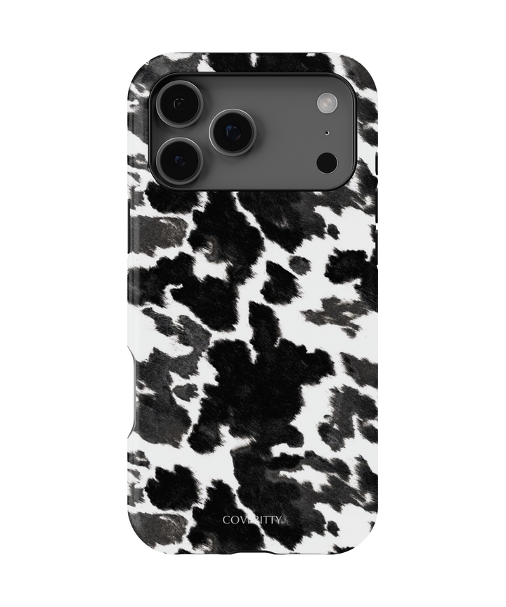 Phone case with black and white abstract pattern on a white background