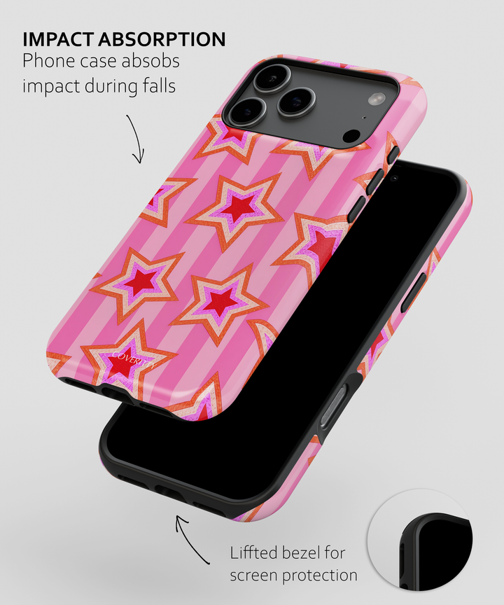 Phone case with pink star pattern on a gray background
