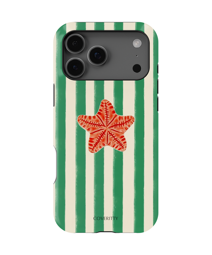 Phone case with green and white stripes and a red starfish design on a white background