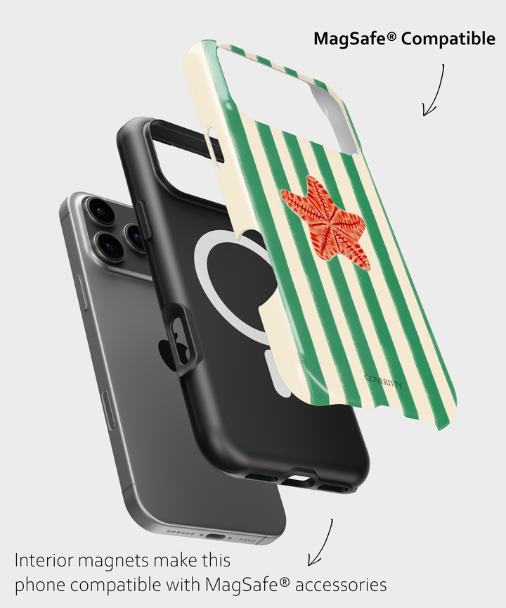 Phone cases with a green and white striped design and a red starfish, featuring MagSafe compatibility.
