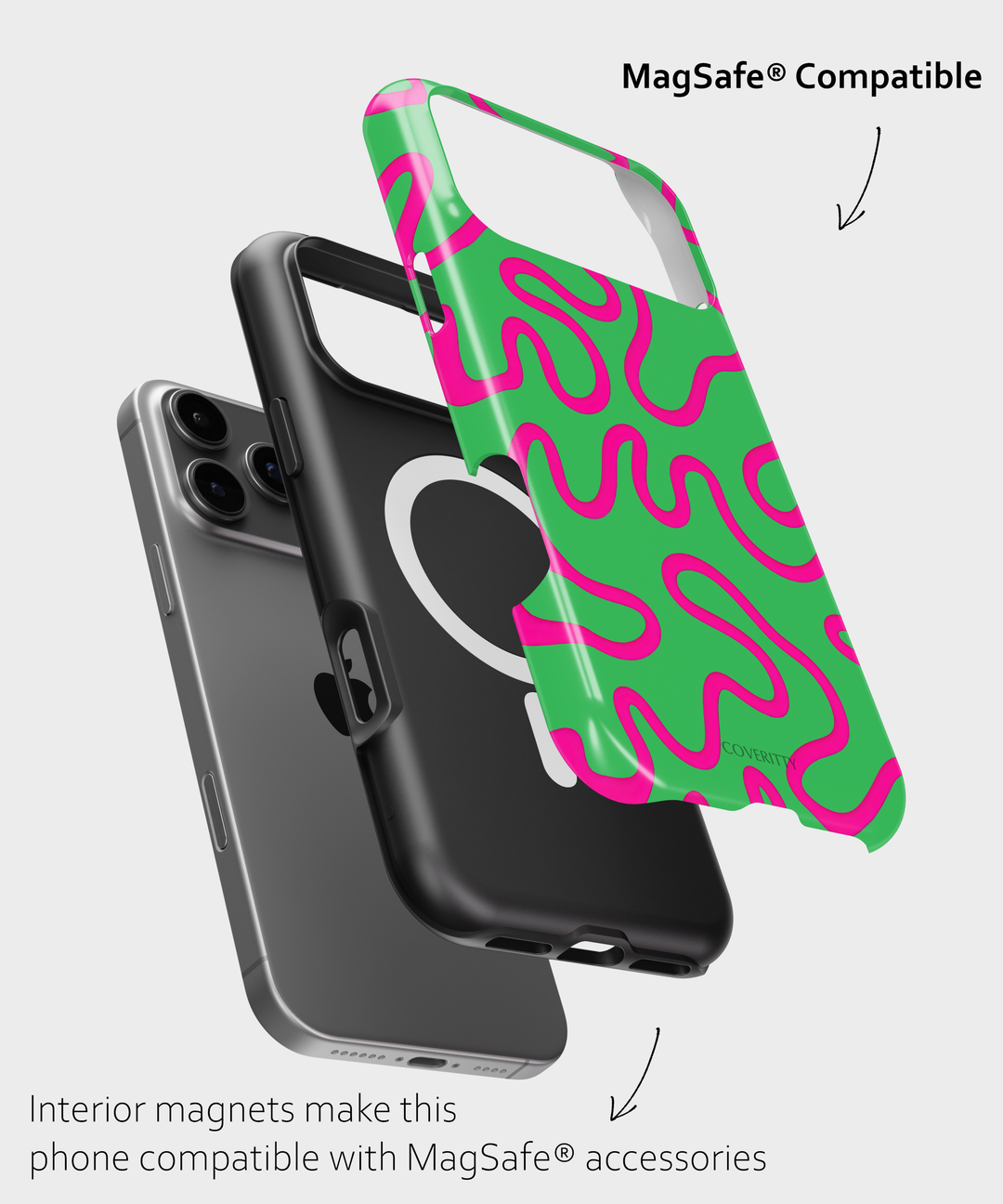 Modern art-style phone case in green and pink, wavy abstract pattern