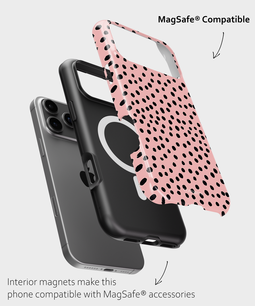 Phone case with MagSafe compatibility feature on a light gray background