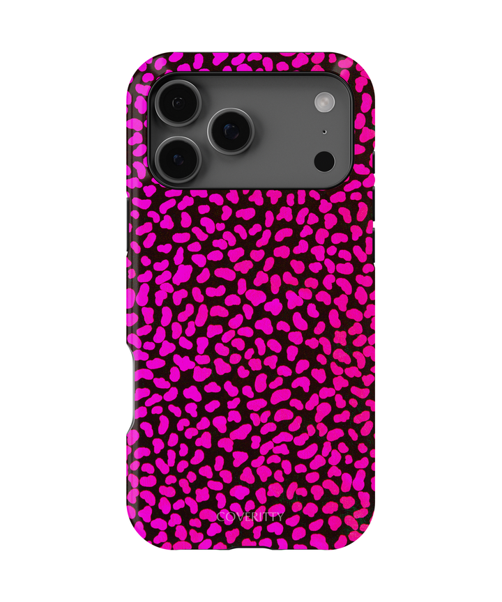 Phone case with pink heart pattern on a black background