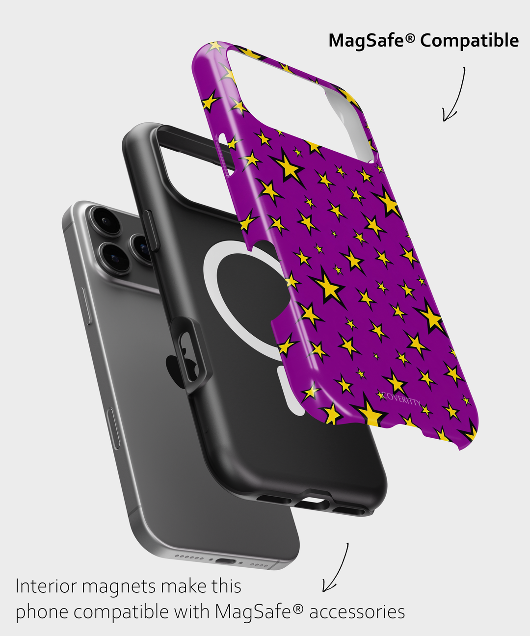 Purple phone case with yellow star pattern and black phone case on a light gray background