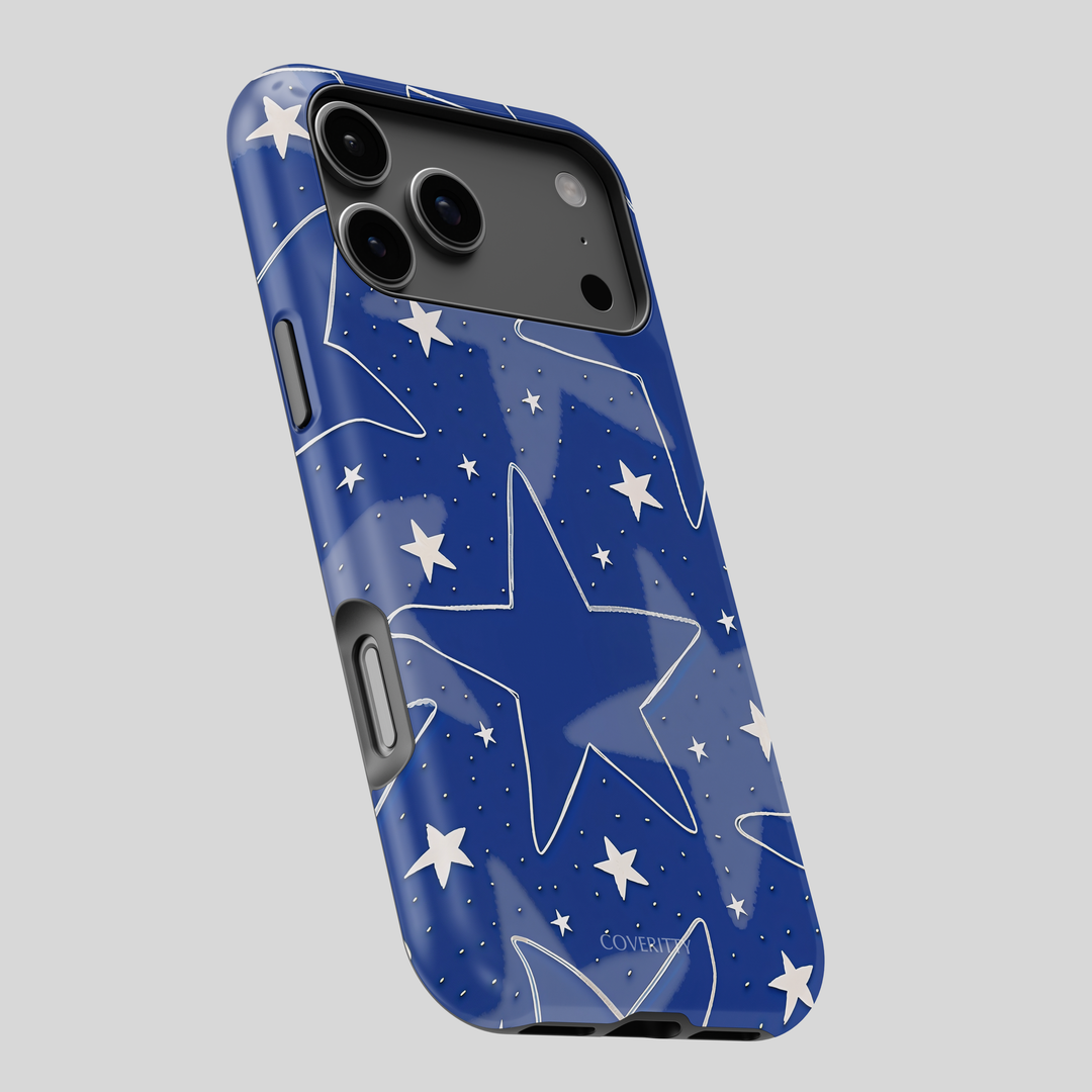 Blue phone case with star pattern on a gray background
