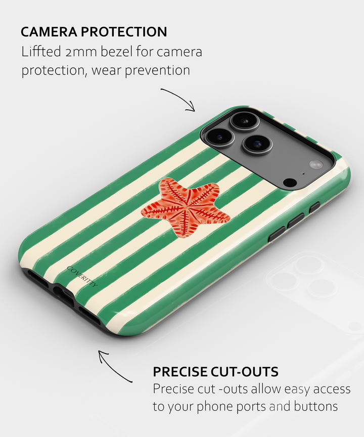 Phone case with green and white stripes and a red starfish design, featuring text on camera protection and cut-outs.