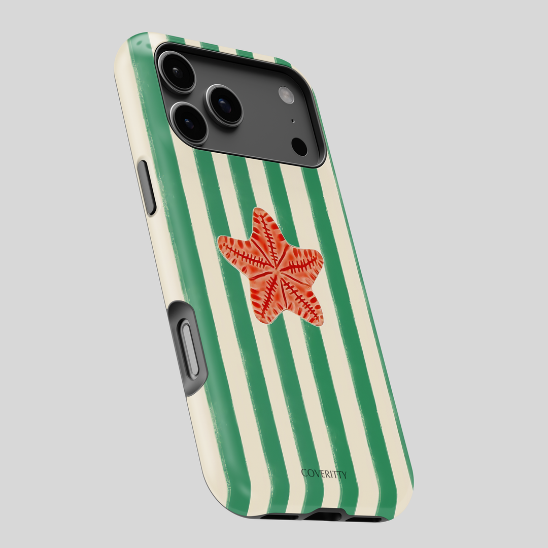 Phone case with green and white striped pattern and red starfish design on a gray background