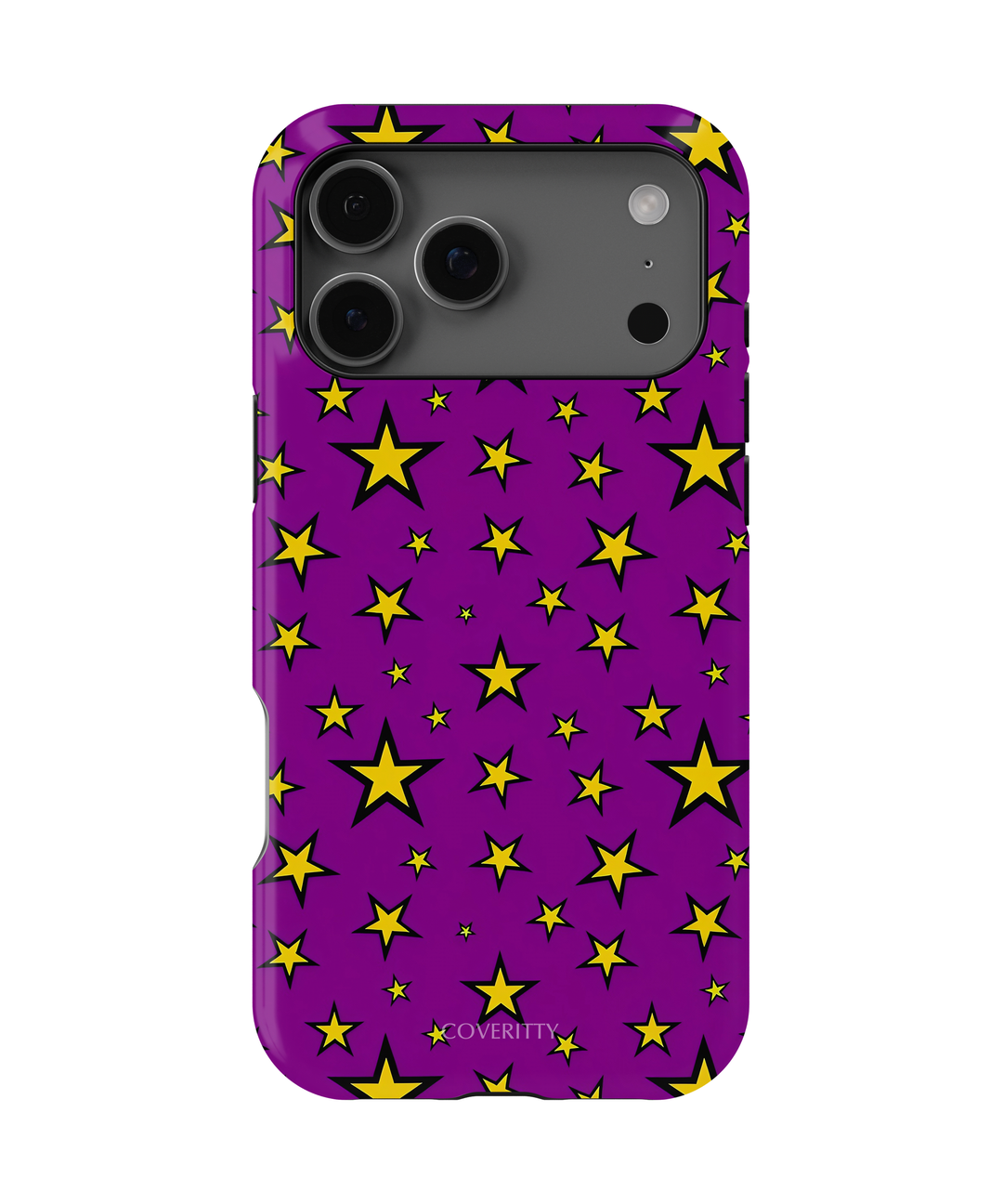 Phone case with yellow star pattern on a purple background
