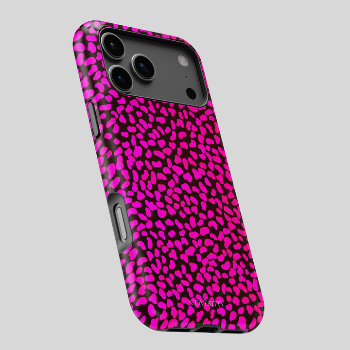 Phone case with pink leopard print pattern on a gray background
