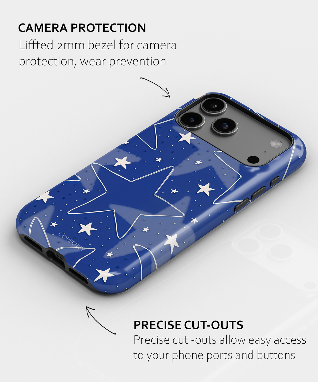 Phone case with star pattern and camera protection features on a white background