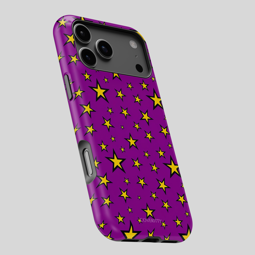 Phone case with purple background and yellow stars on a gray background