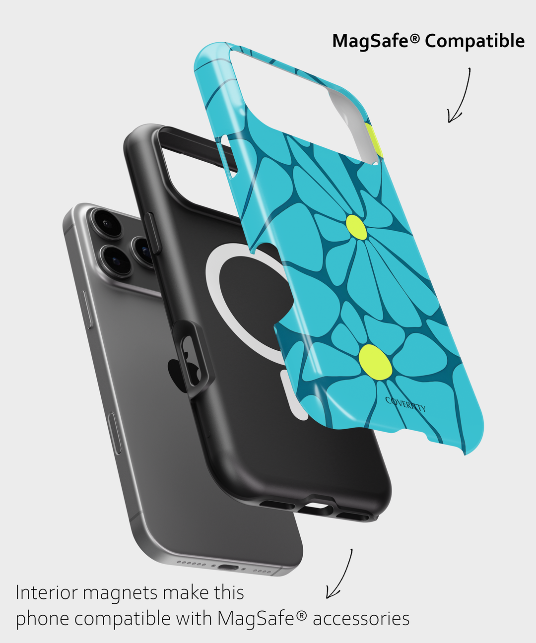 Phone case with floral design and text indicating MagSafe compatibility on a light gray background