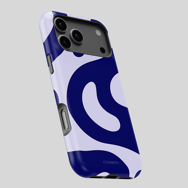 Phone case with blue and white abstract design on a gray background