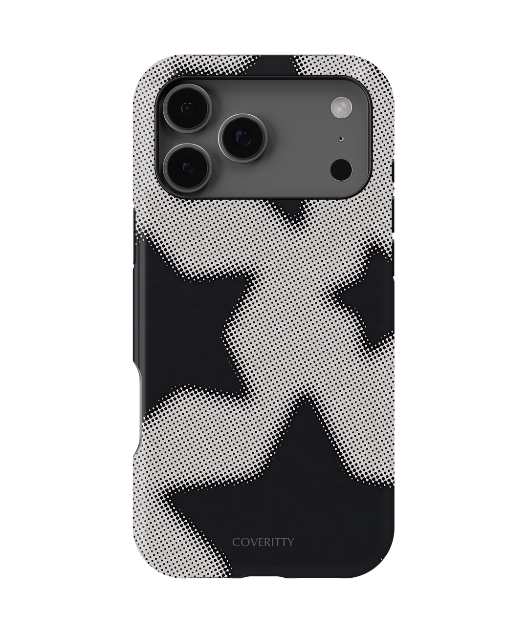 Phone case with black and white abstract pattern on a white background