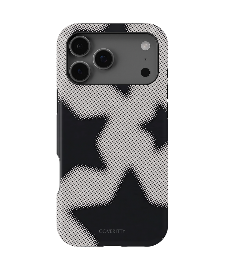 Phone case with black and white abstract pattern on a white background