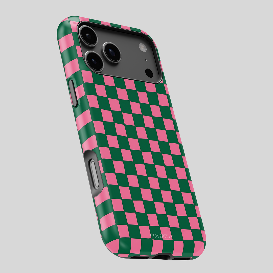 Phone case with green and pink checkered pattern on a gray background