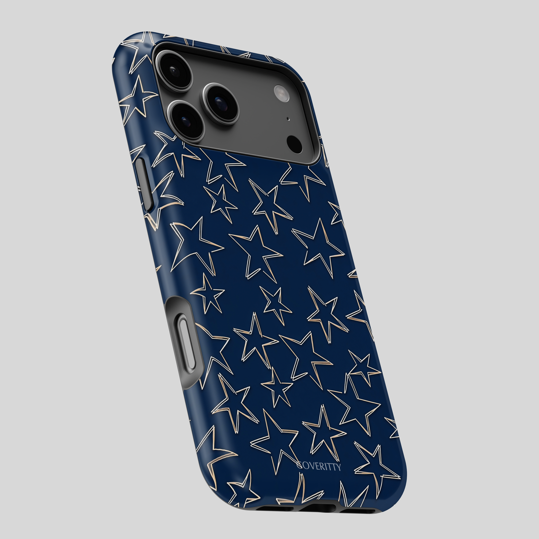 Navy blue phone case with star pattern on a light gray background
