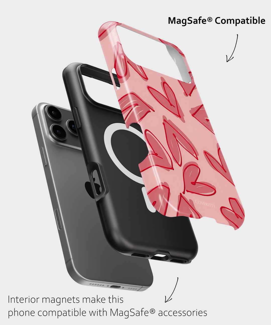 Phone case with heart pattern and MagSafe compatibility on a light gray background
