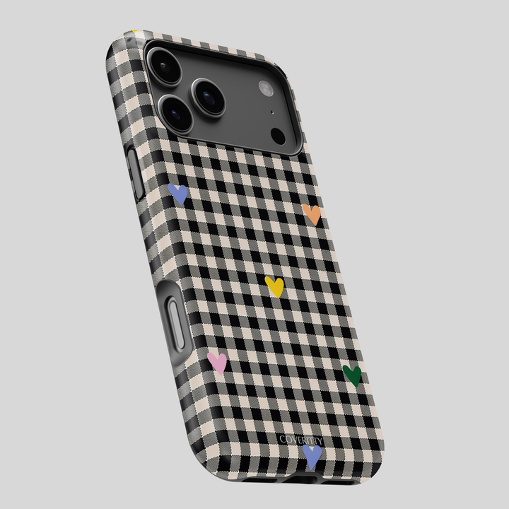 Stylish Gingham Hearts smartphone case, colorful hearts on checkered pattern, scratch-resistant and slim