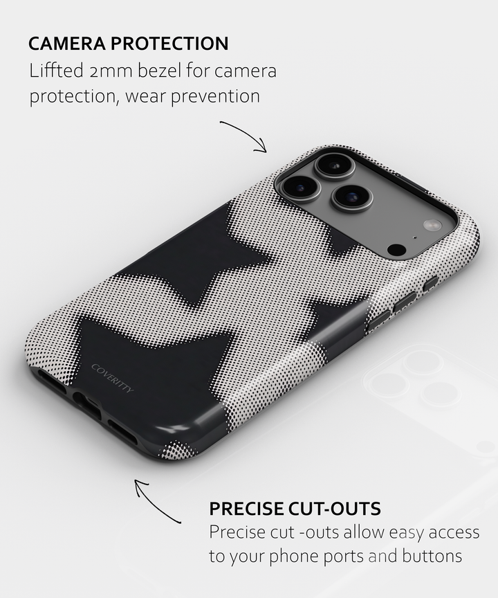 Black and white star design phone case with retro halftone effect