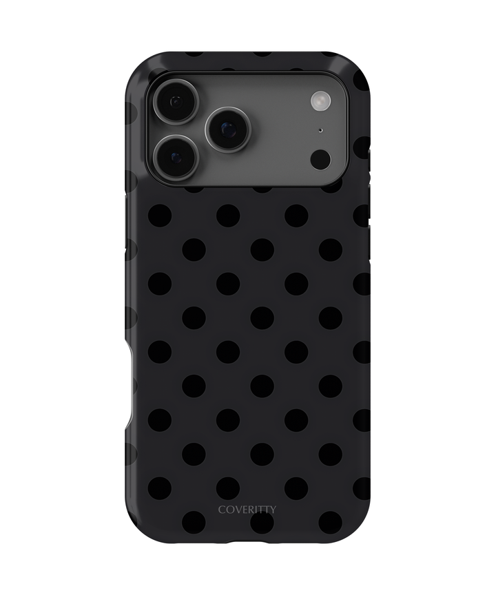 Black polka dot phone case with 'Coverity' branding on a white background