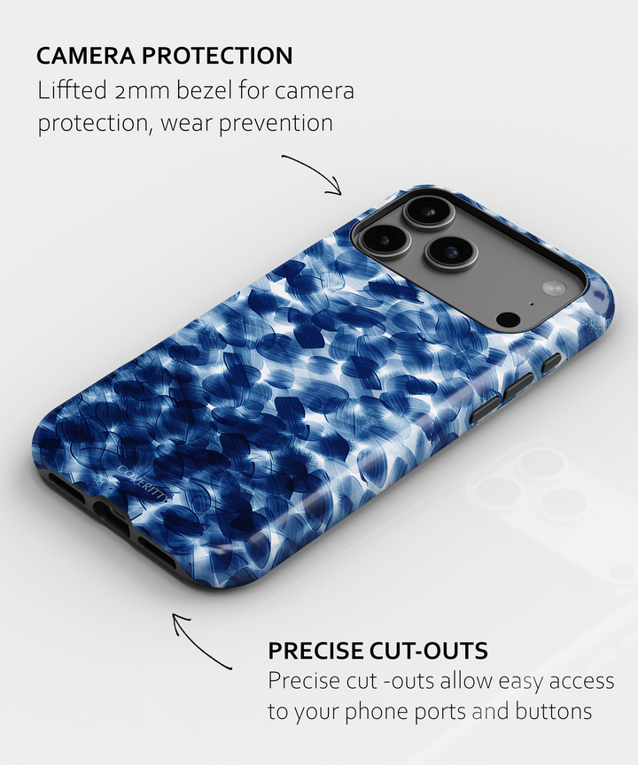 Close-up of Blue Lagoon phone case showing artistic blue brushstroke texture