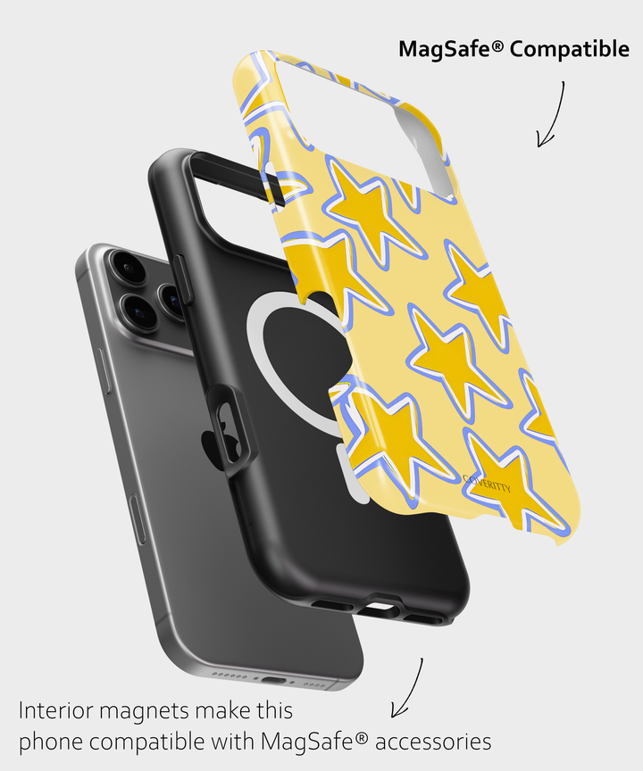 Two phone cases, one black and one with a yellow star pattern, on a light gray background.
