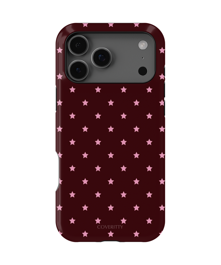Phone case with pink star pattern on a dark red background