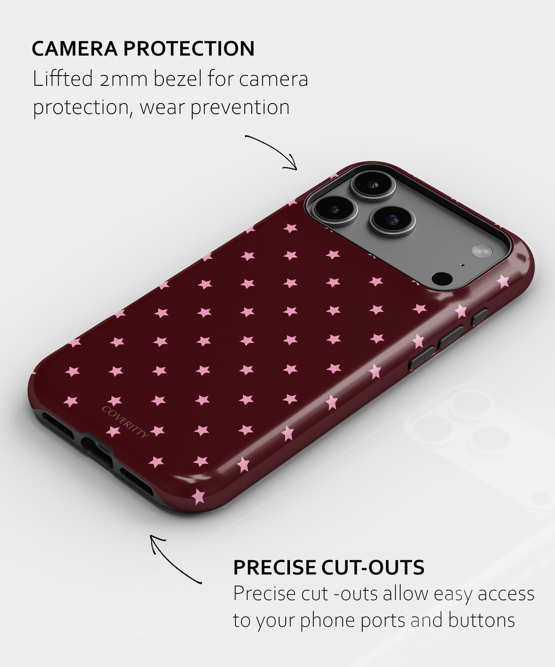 Phone case with star pattern and camera protection features on a white background