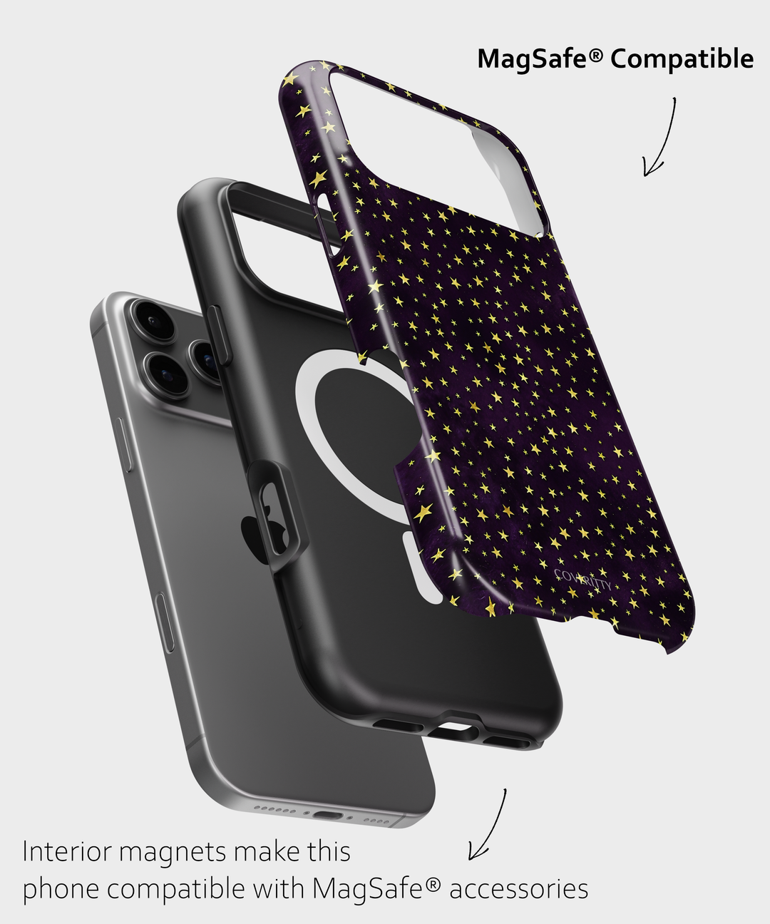 Phone case with star pattern and MagSafe compatibility text on a light gray background