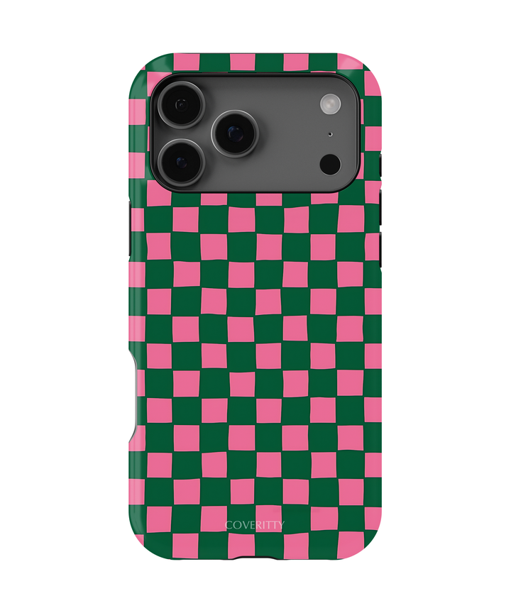 Phone case with green and pink checkered pattern on a white background