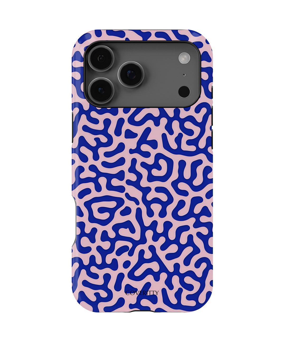 Blue and pink abstract coral pattern phone case on white background