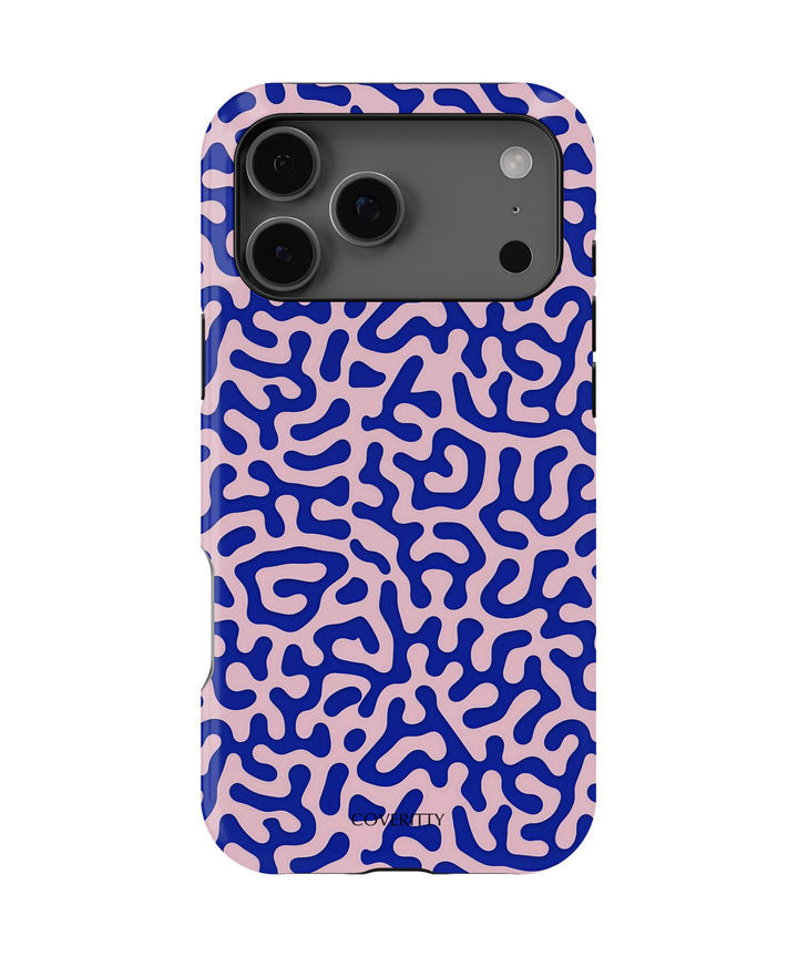 Blue and pink abstract coral pattern phone case on white background