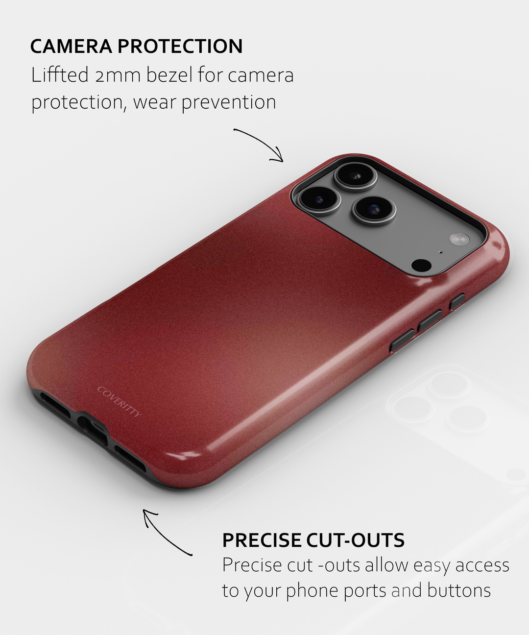 Red phone case with camera protection and cut-outs on a white background