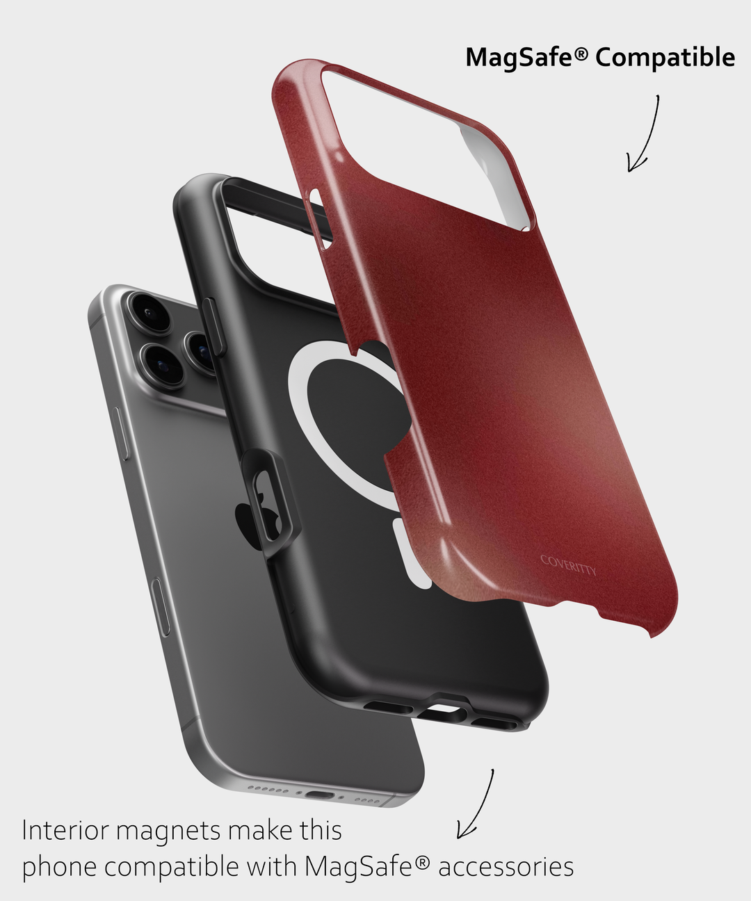 Two phone cases, one black and one red, with a MagSafe compatibility label on a light gray background.