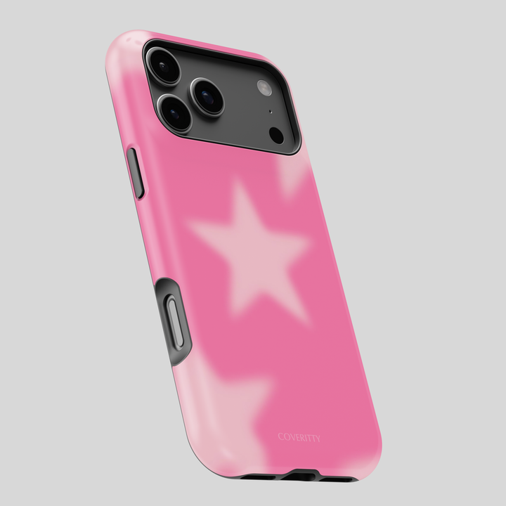 Pink phone case with a star design on a gray background