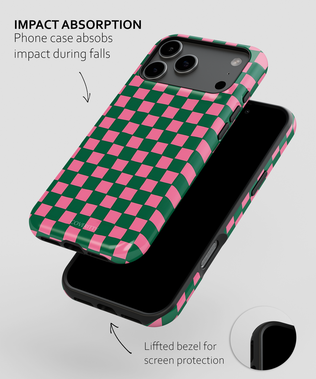 Phone case with green and pink checkered pattern on a white background