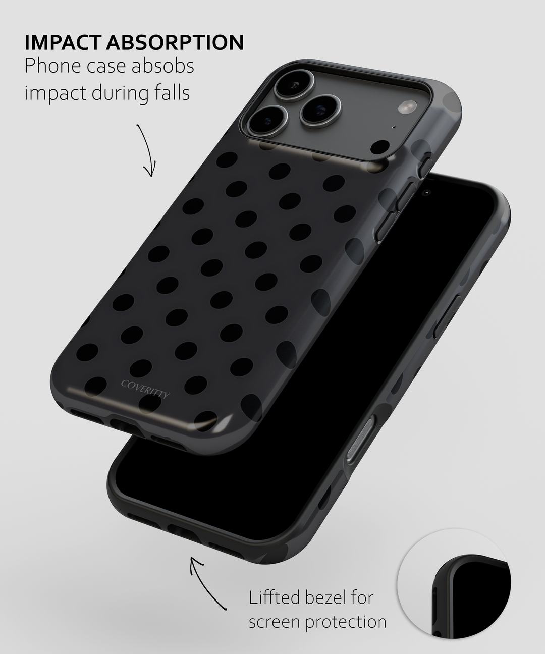 Black phone case with impact absorption features on a gray background