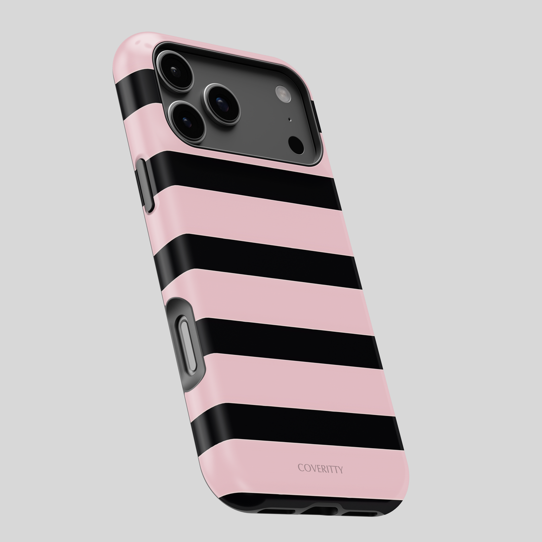 Phone case with pink and black horizontal stripes on a light gray background