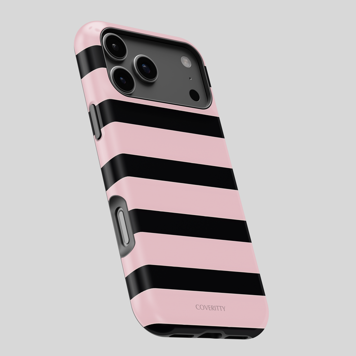 Phone case with pink and black horizontal stripes on a light gray background