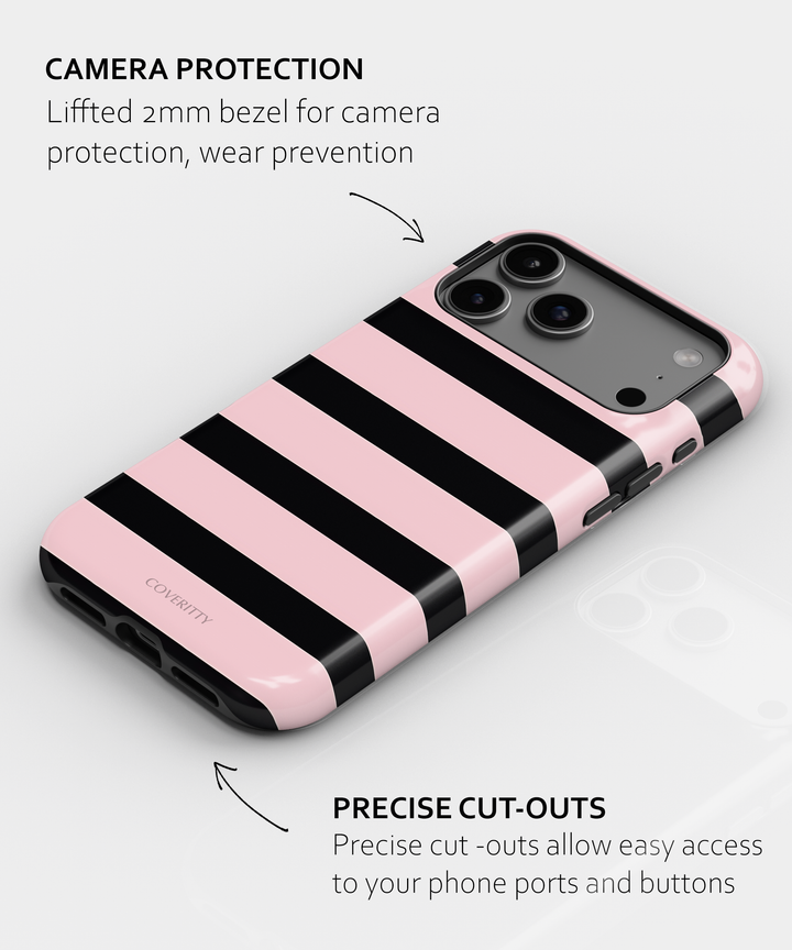 Phone case with pink and black stripes on a white background