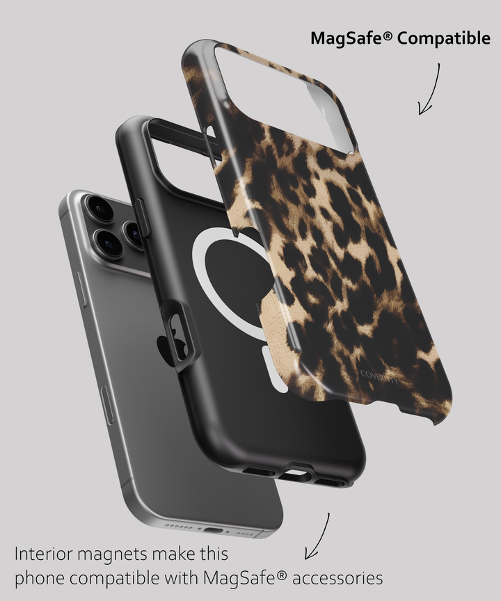 Leopard print phone case with MagSafe compatibility on a gray background