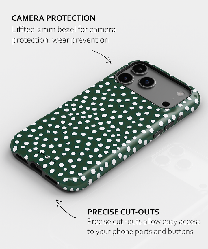 Phone case with green and white polka dot pattern on a light gray background