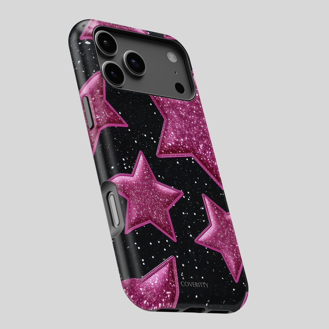 Phone case with pink stars on a black background