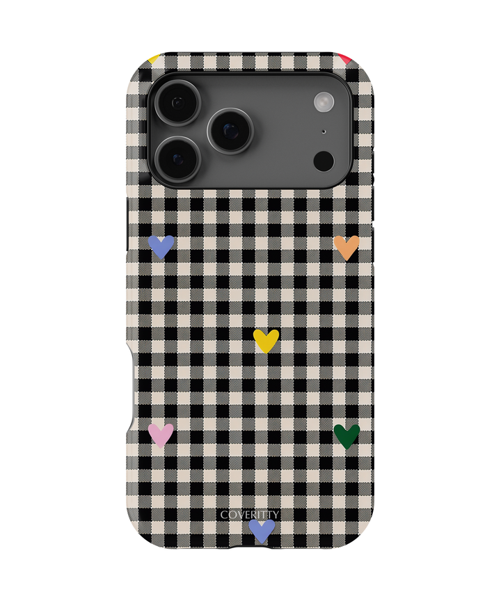 Gingham Hearts phone case with black-and-white checkered pattern and multicolor hearts, slim protective cover for smartphones