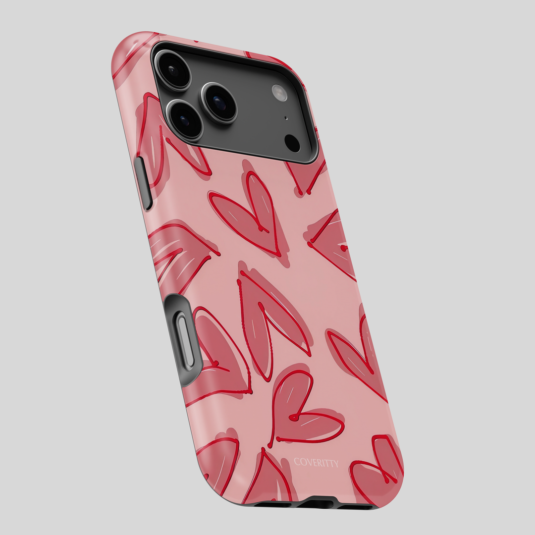 Phone case with red hearth pattern on a gray background